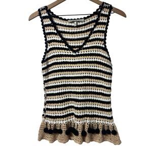GENERATION K CROCHET WOMEN BOHO TANK TOP BEIGE BLACK WHITE SMALL 100% COTTON